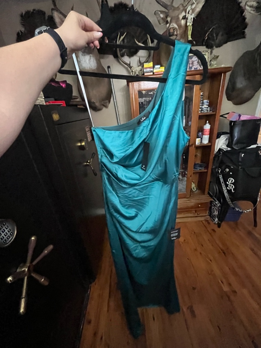 Lulu's Teal Satin One-Shoulder Dress